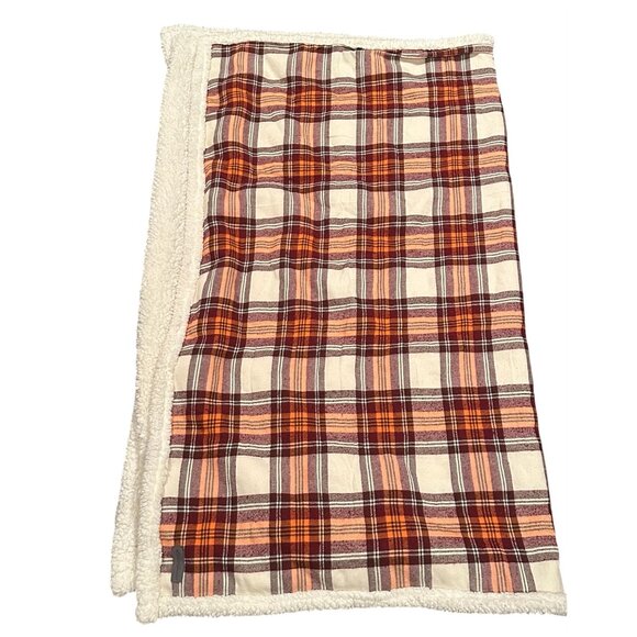 Eddie Bauer Plaid Sherpa Throw Blanket 50" X 60" Tan & Orange Cozy Reversible So - Picture 3 of 14